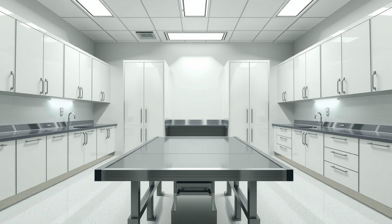Clean, brightly lit clinical prep room with white cabinets along both walls and a stainless steel table in the center