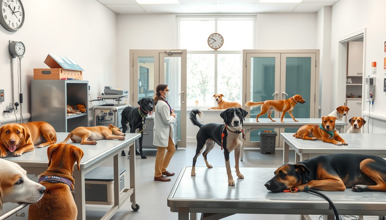 Busy veterinary clinic with a vet in a white coat walking a black dog past several dogs resting on steel exam tables