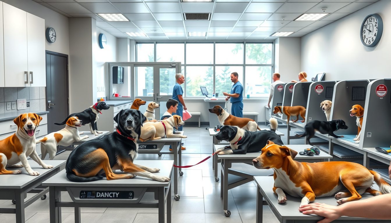 Busy veterinary clinic floor with several dogs resting on exam tables while staff in blue scrubs work near tall windows