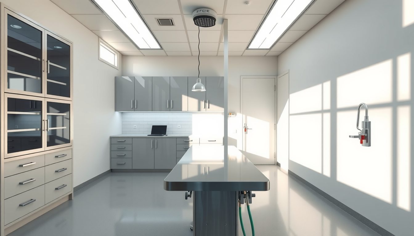 Clean, sunlit veterinary exam room with a steel exam table, gray cabinets and a glass-front supply case