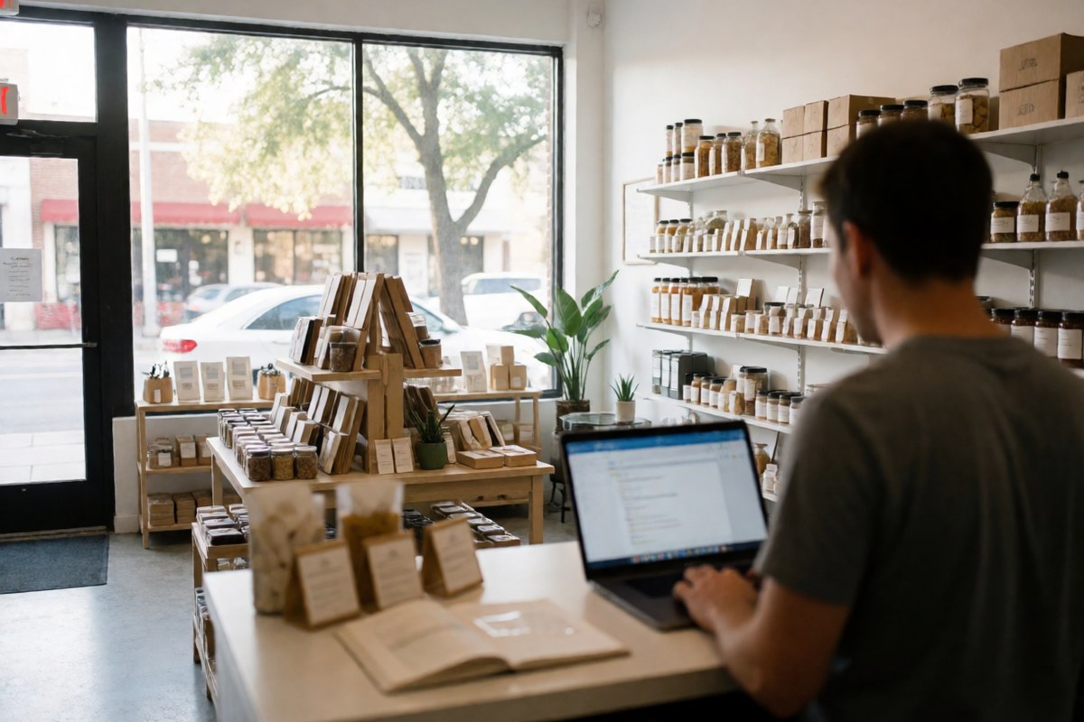Austin small shop owner reviewing a website preview on a laptop at the shop counter