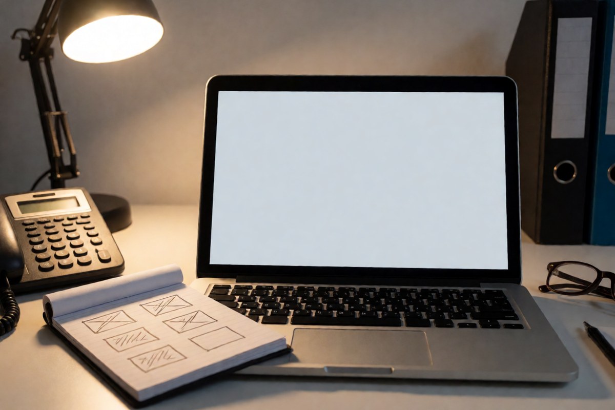Business owner's desk with a laptop, a notepad of page ideas and a phone at the end of a workday