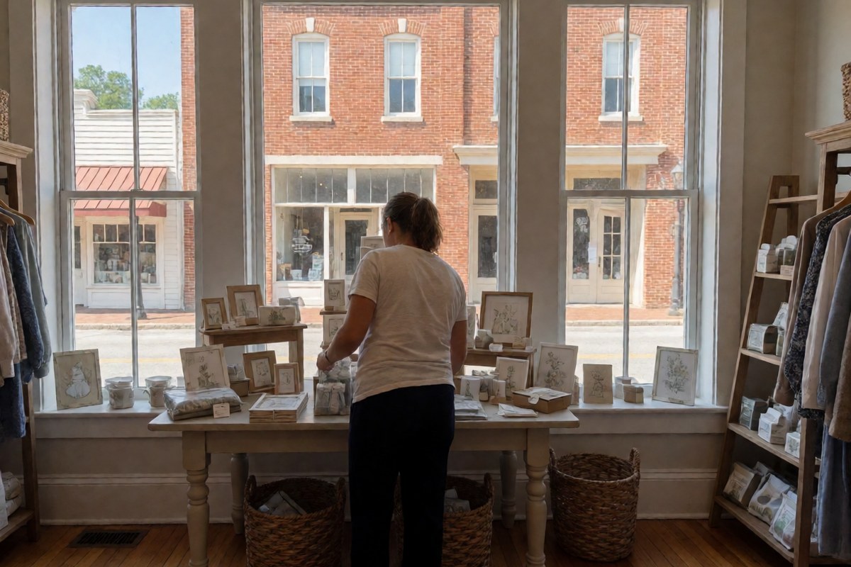 Shop owner seen from behind arranging a display table inside a small brick-walled boutique with tall front windows
