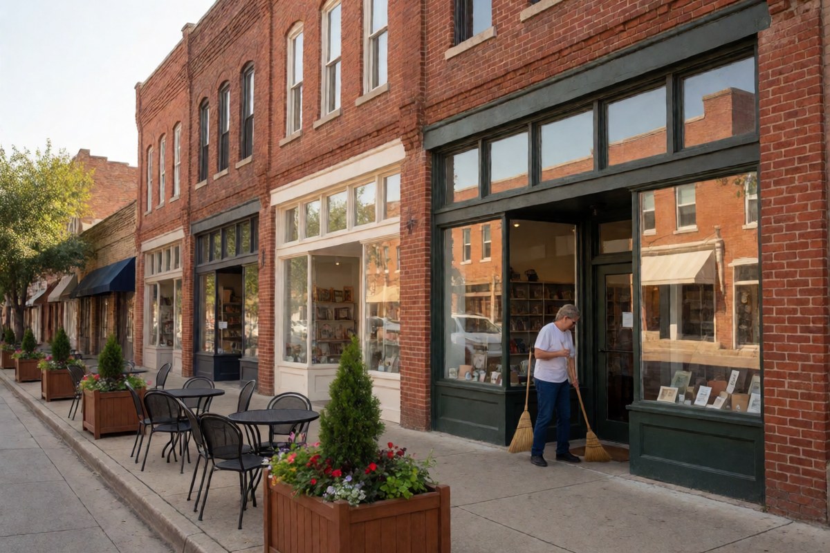Row of independent shops in two-story brick buildings on an older Dallas neighborhood street