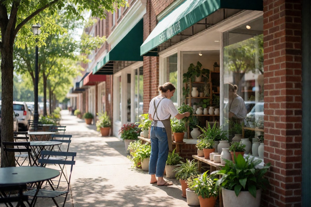 Shop owner seen from behind adjusting a front window display of plants and pottery on a sunny sidewalk