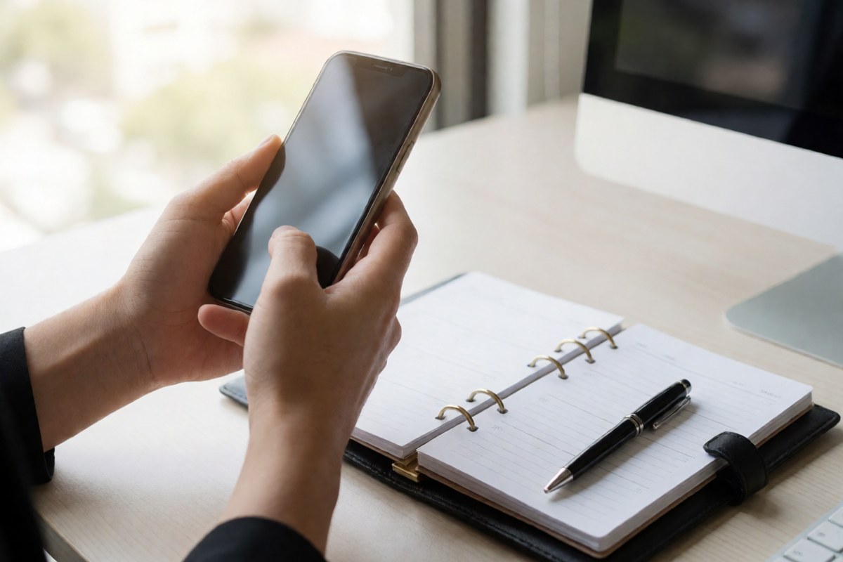 Small business owner checking a domain renewal notice on a phone at an office desk