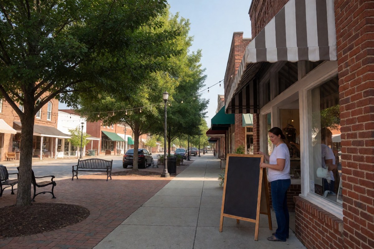 Shop owner setting out a sidewalk sign in front of a brick storefront facing a small downtown plaza with trees and benches