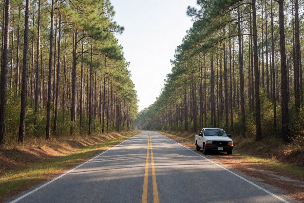 A two-lane road through tall pine forest in East Texas on a bright afternoon