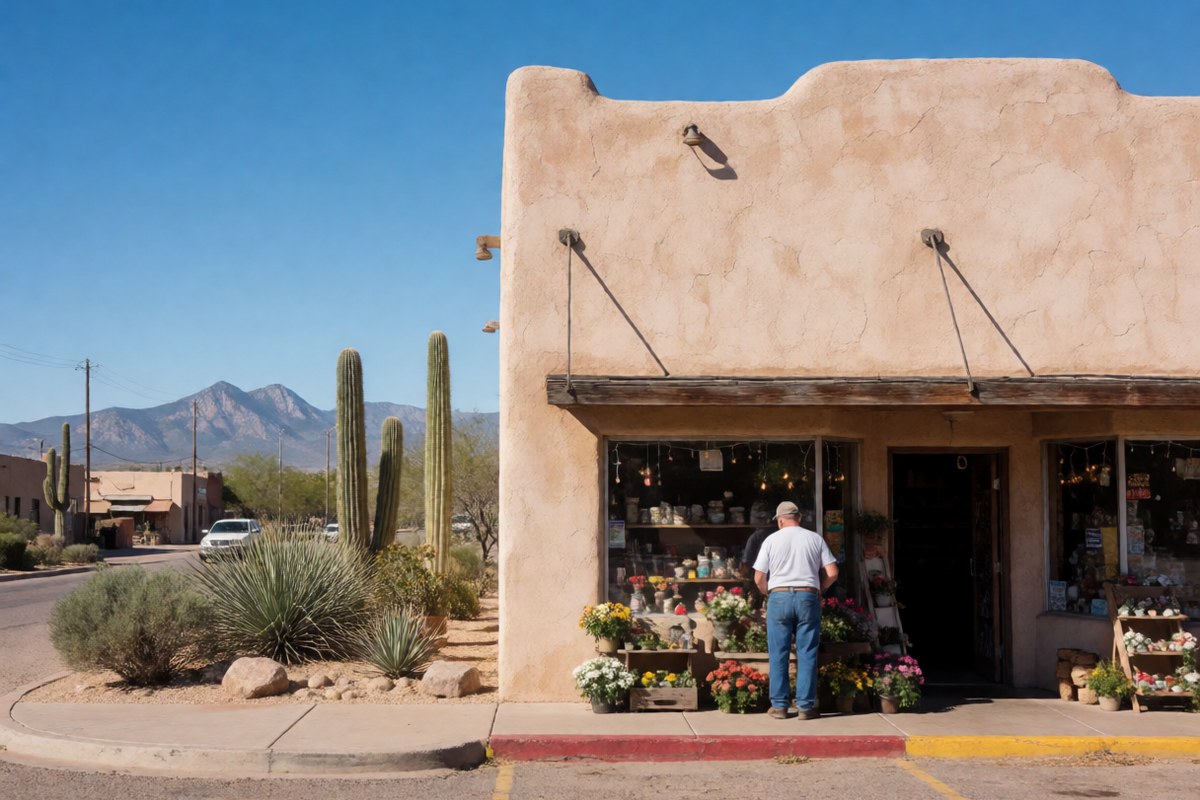 Family-owned shop with a stucco front and desert landscaping on a sunny El Paso street