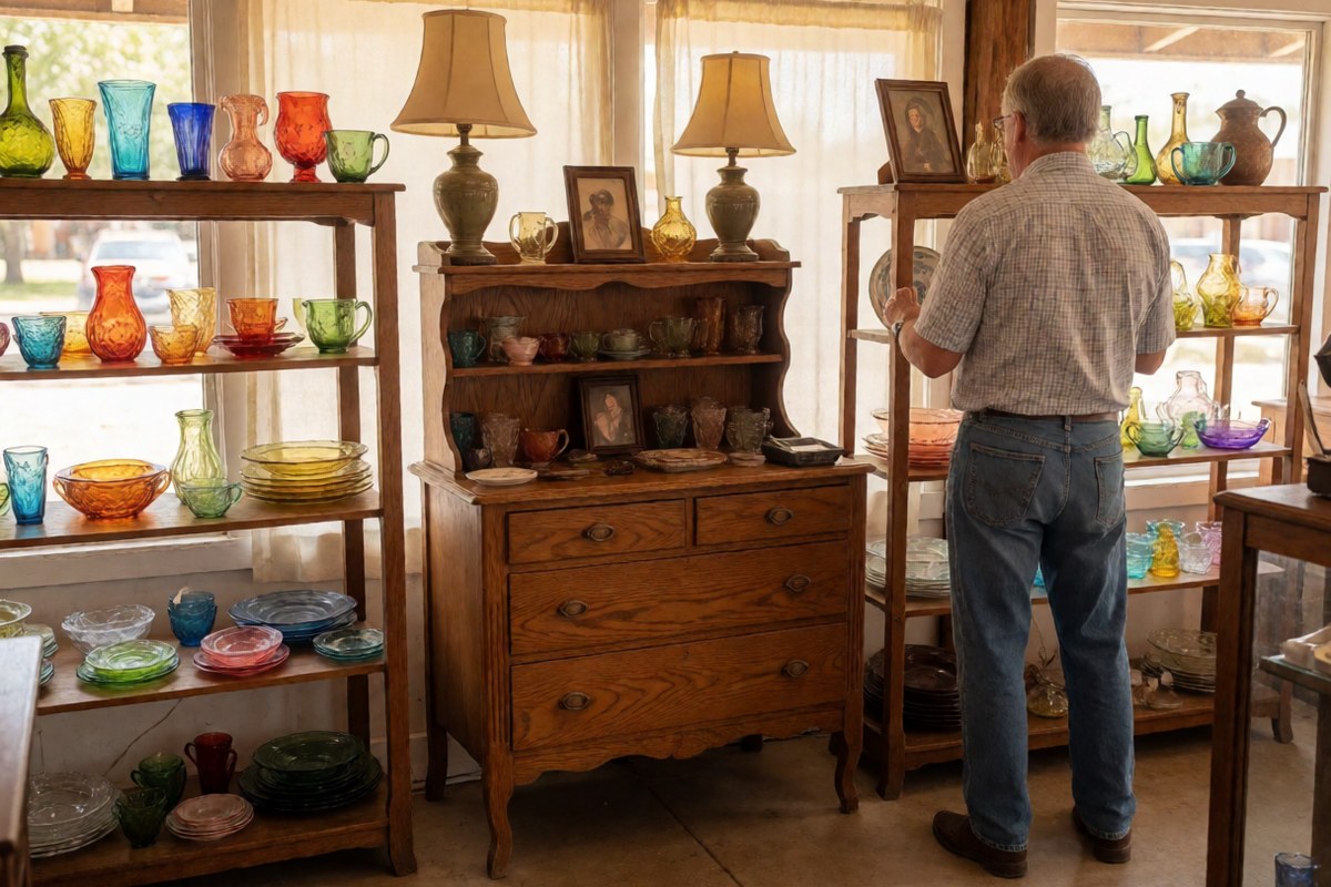 Shelves of antique glassware, lamps and small furniture in a bright shop booth