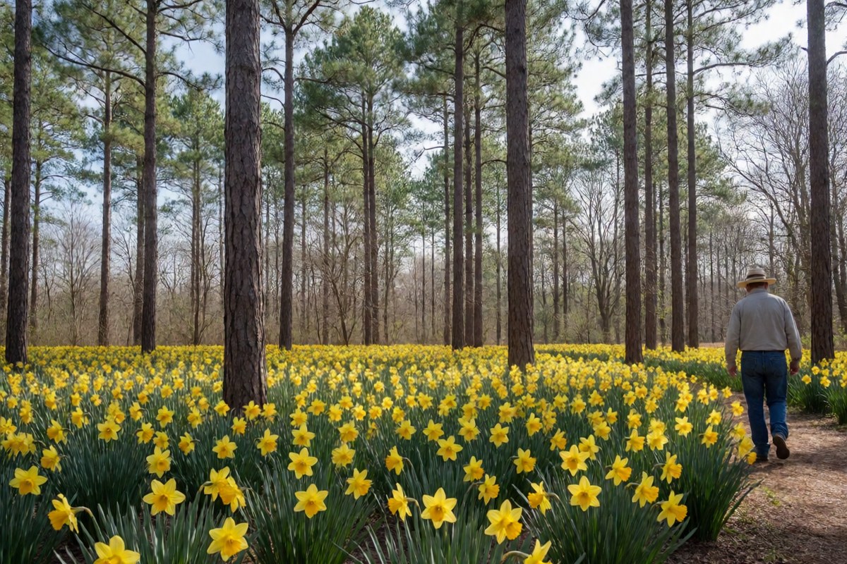 A field of yellow daffodils under pine trees in early spring