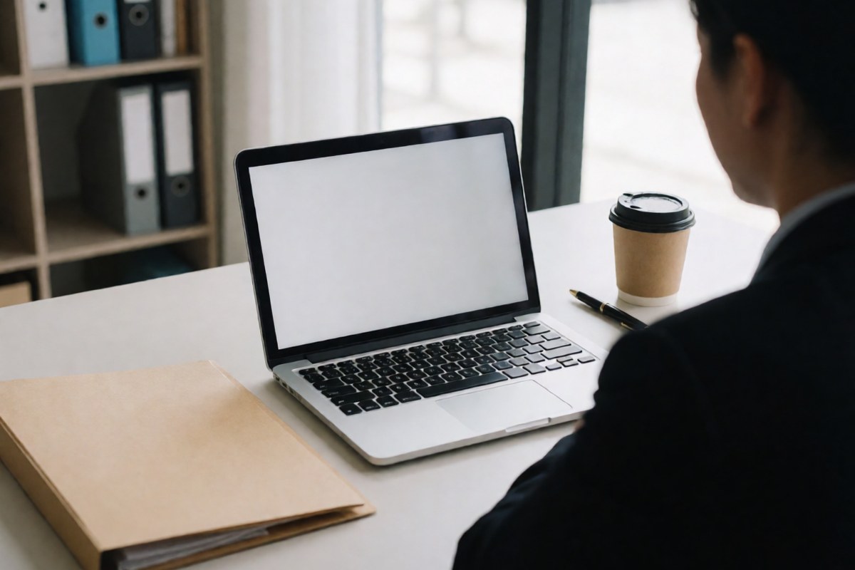 Owner at an office desk reviewing paperwork and a laptop showing an account login screen