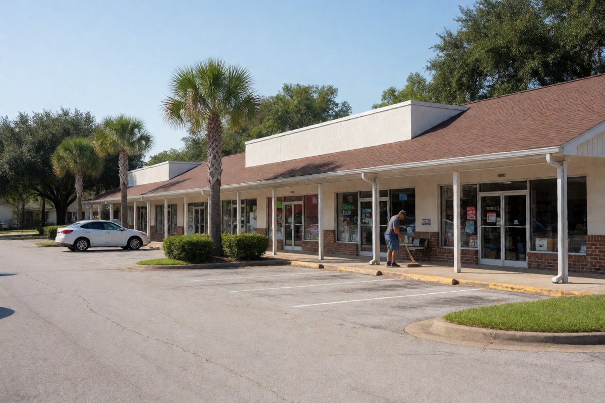 Row of small shops in a Houston strip center with a wide parking lot and palm trees