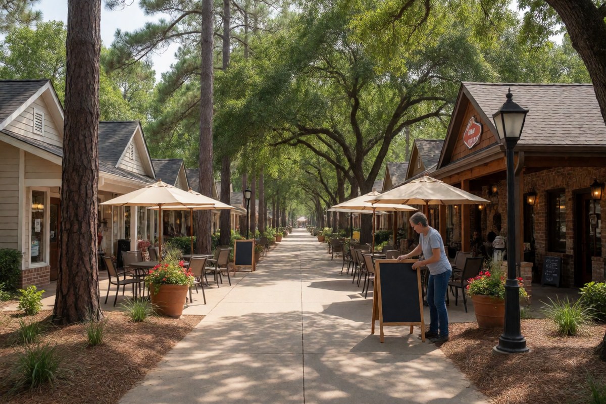 Shaded walkway past small shops and restaurant patios in a wooded suburban town center