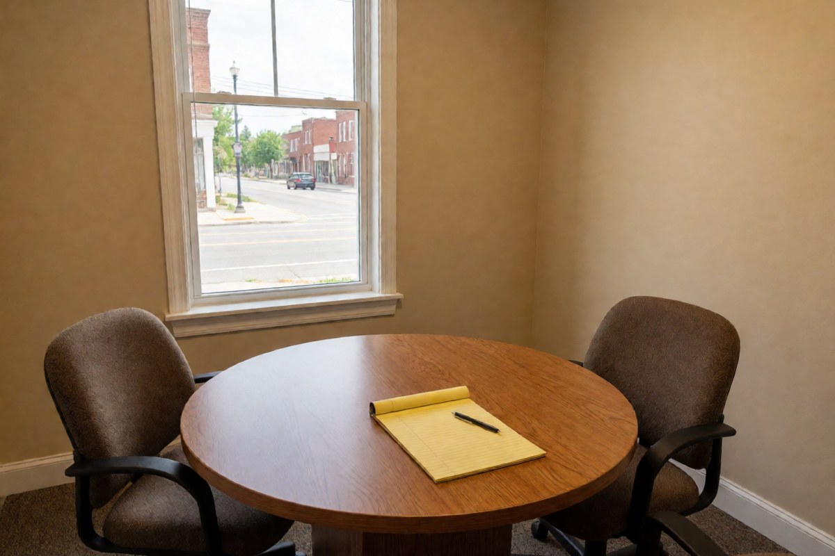 Small law firm conference room with a round table, two chairs and a window onto a quiet street