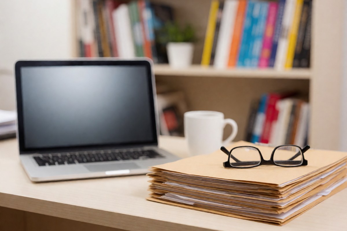 Attorney's desk with an open laptop, a stack of case files and reading glasses, seen from behind the chair