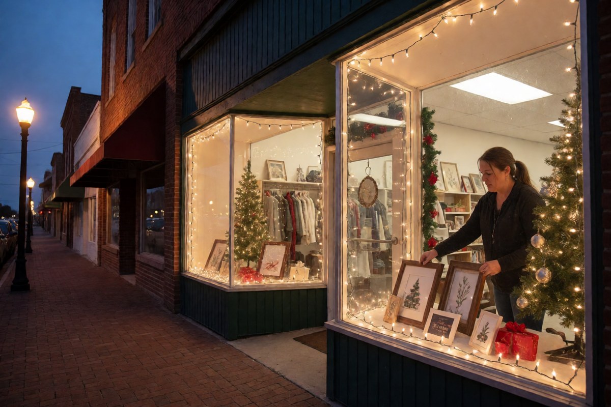A small boutique window glowing with holiday lights on a brick downtown street at dusk
