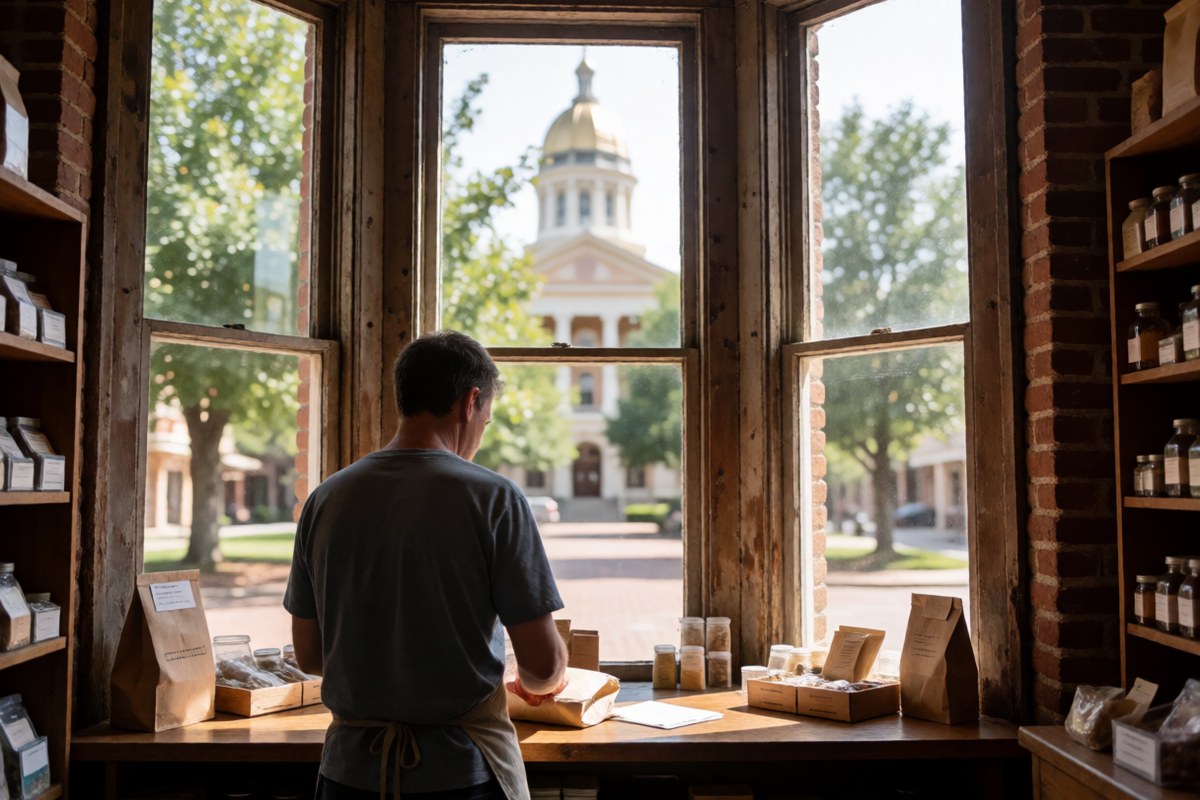 Shop owner behind a wooden counter in an older brick storefront with tall front windows looking out on a town square