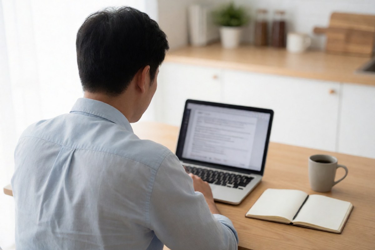 Business owner reviewing a website's search listing preview on a laptop at a kitchen table office