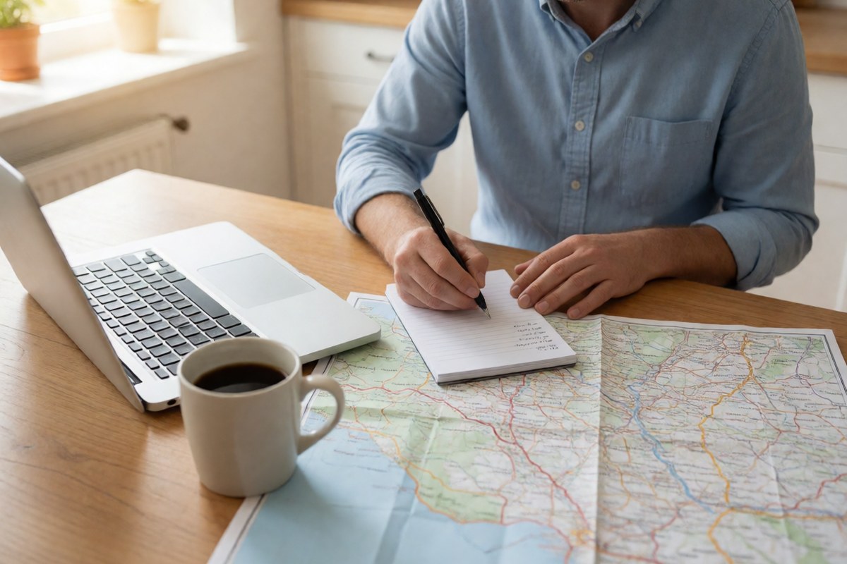Person writing notes on a pad beside a laptop, a coffee mug and an unfolded road map on a wooden table