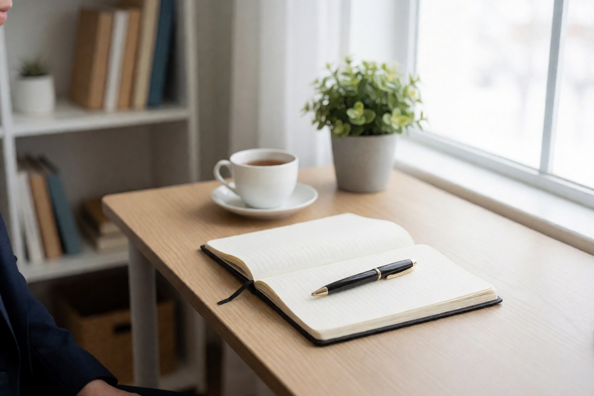 Therapist's desk with a notebook, a pen and a cup of tea beside a window