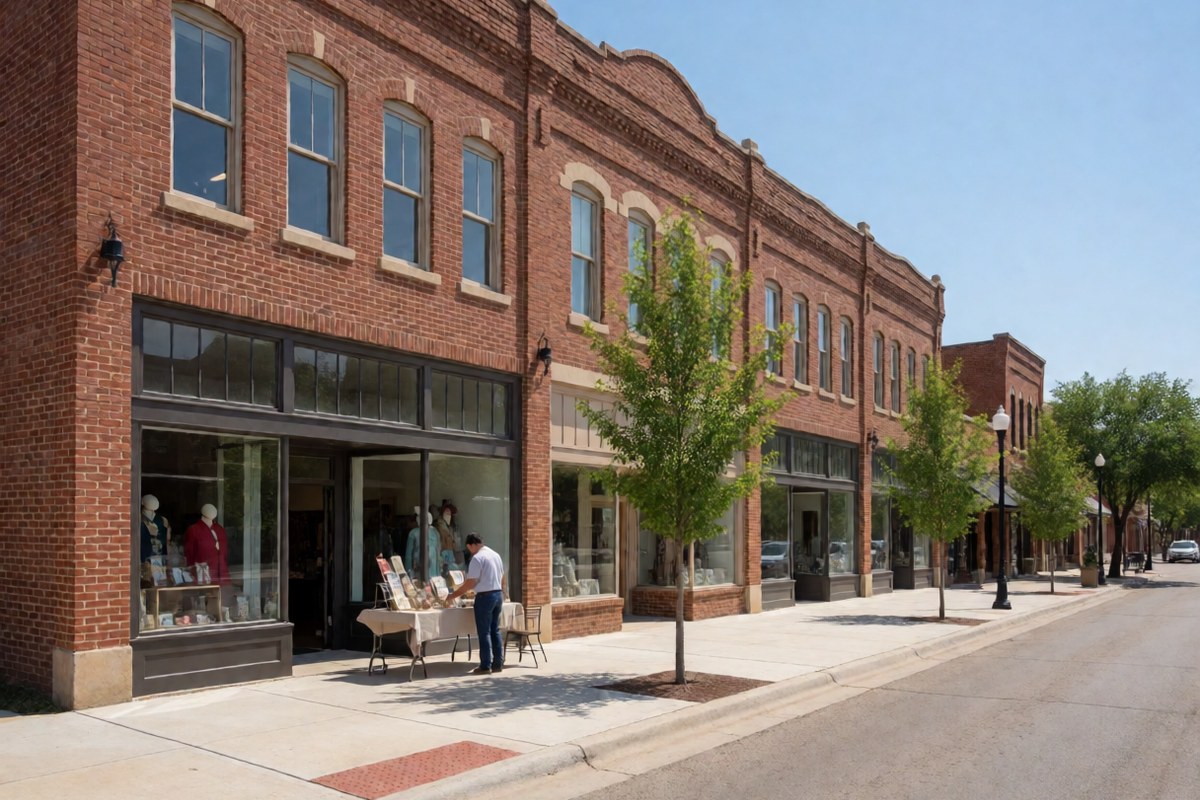 Small shops in restored brick buildings along a sunny downtown street in Central Texas