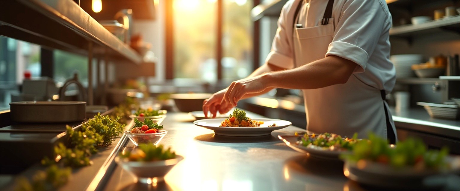 Chef plating dishes on a stainless counter in a sunlit independent restaurant kitchen