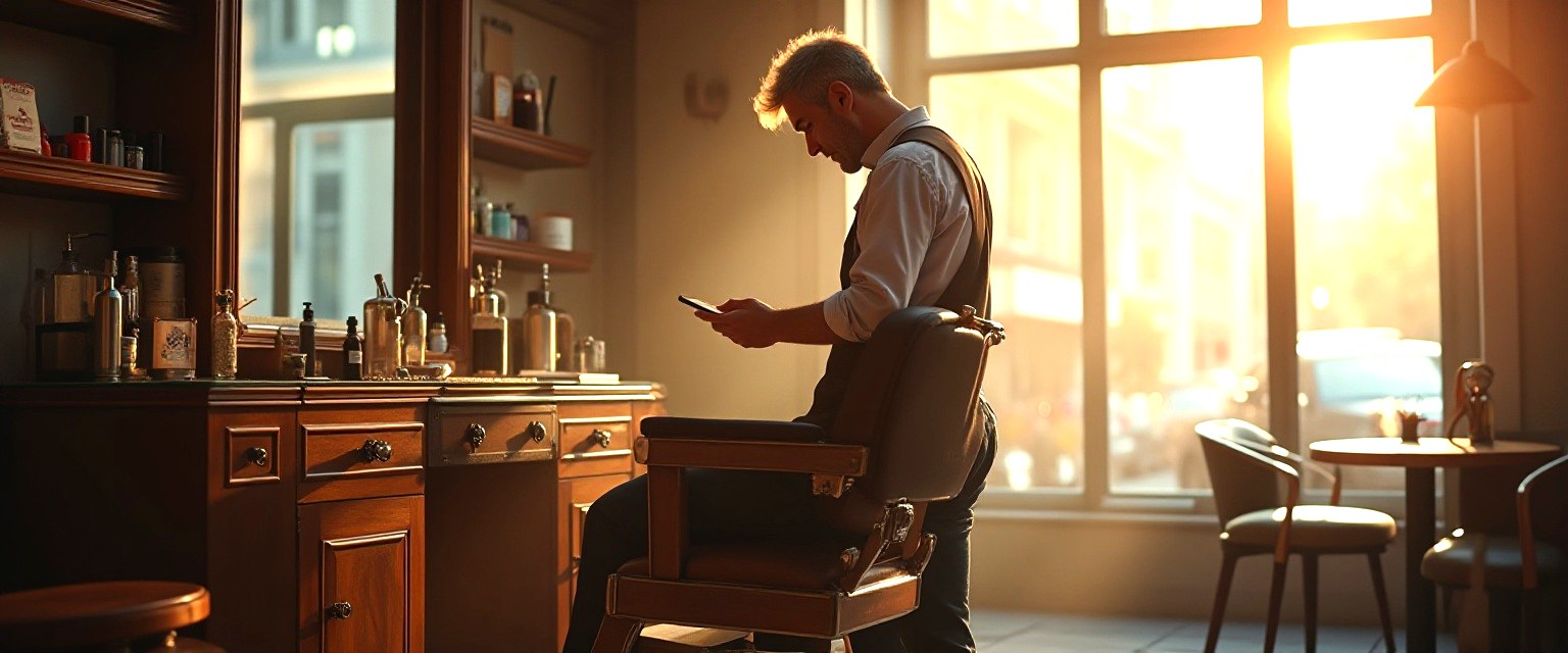 Barber checking a phone between appointments in a one-chair shop with warm window light