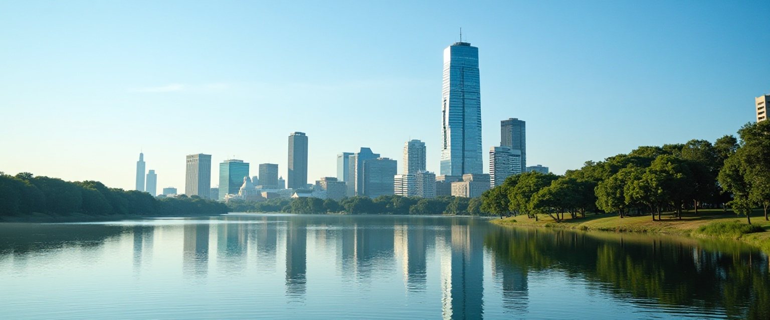 An illustration of a city skyline across open water on a clear morning