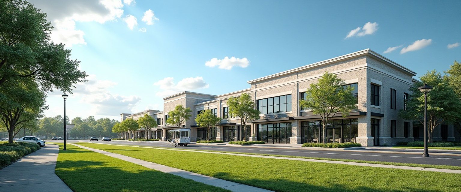 An illustration of a suburban commercial district on a bright afternoon