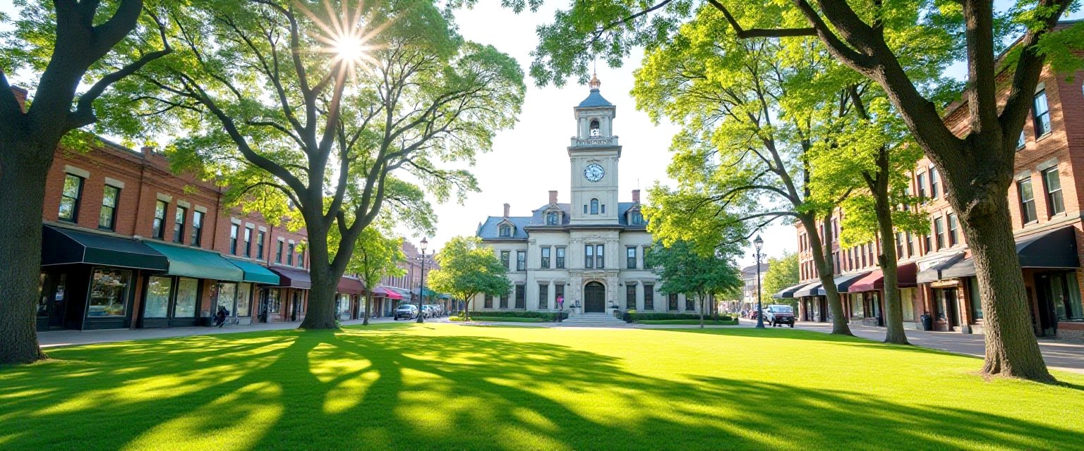 Historic courthouse with a clock tower behind a sunny lawn and shade trees, with brick storefronts on both sides