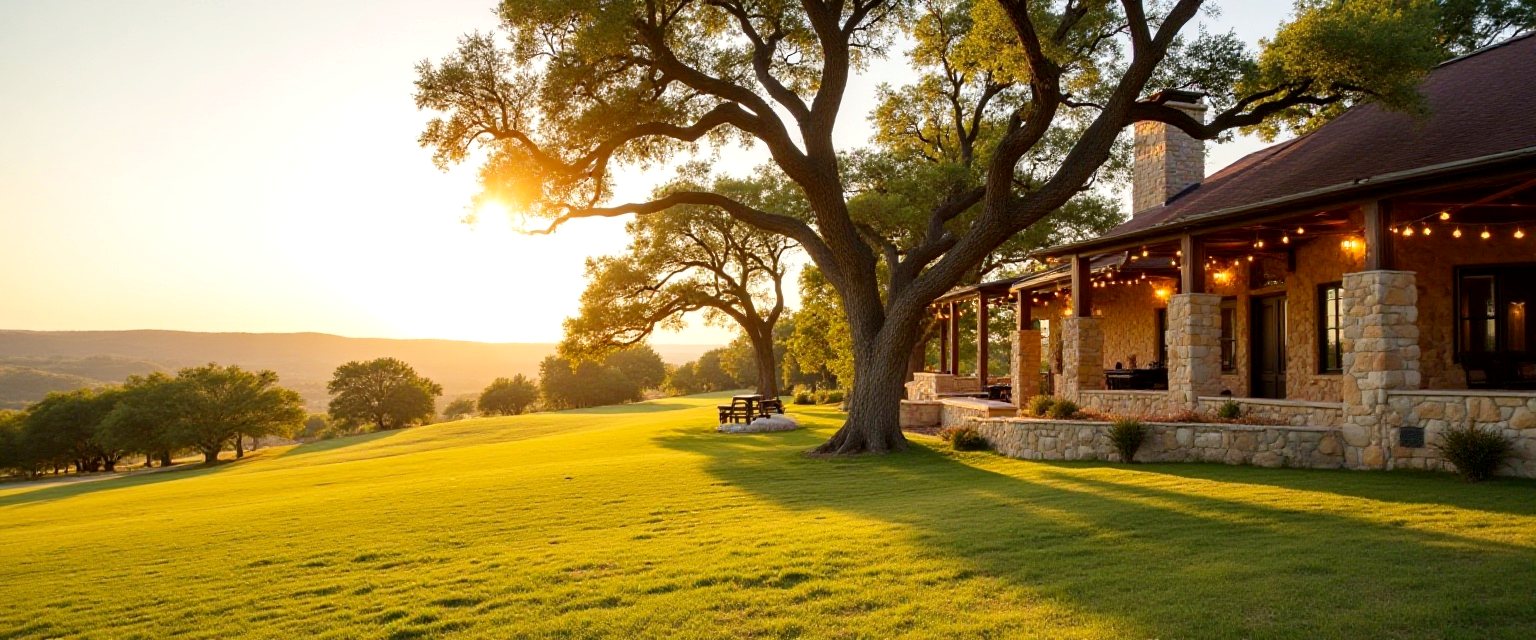An illustration of a Hill Country ranch venue at golden hour