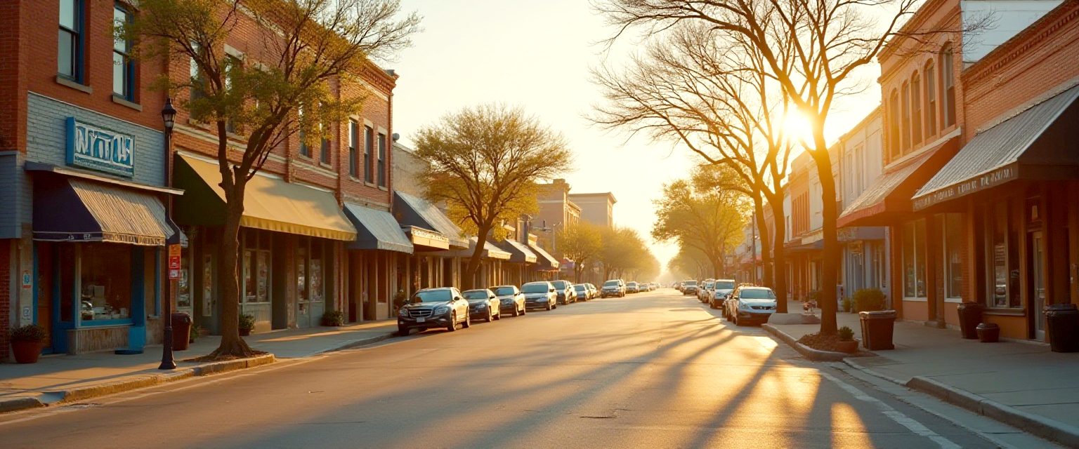 An East Texas main street at golden hour