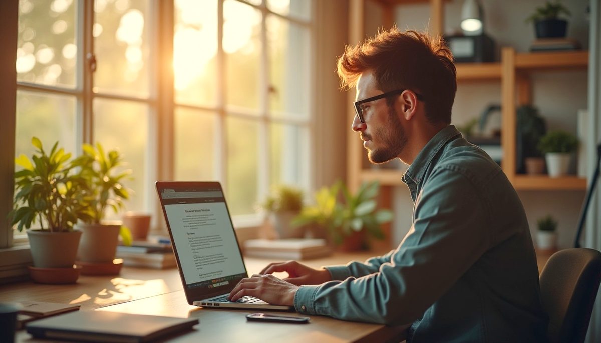 A small business owner looking at their new website on a laptop