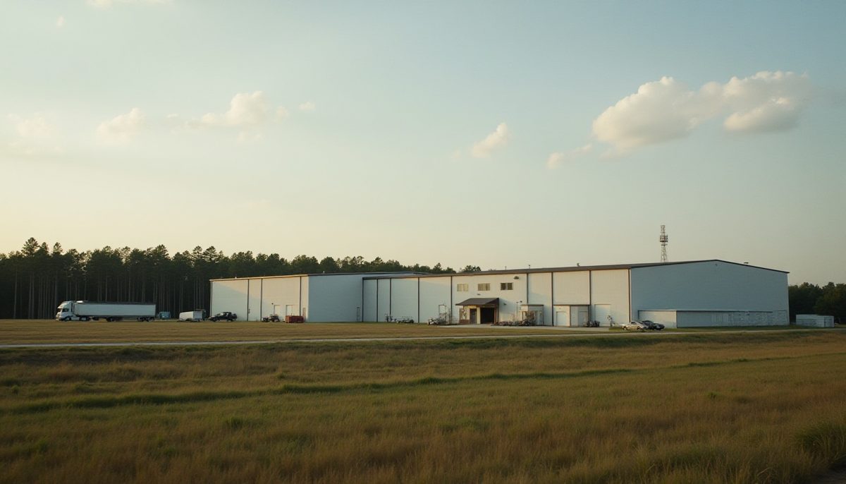 Timber and light manufacturing buildings against an East Texas pine treeline