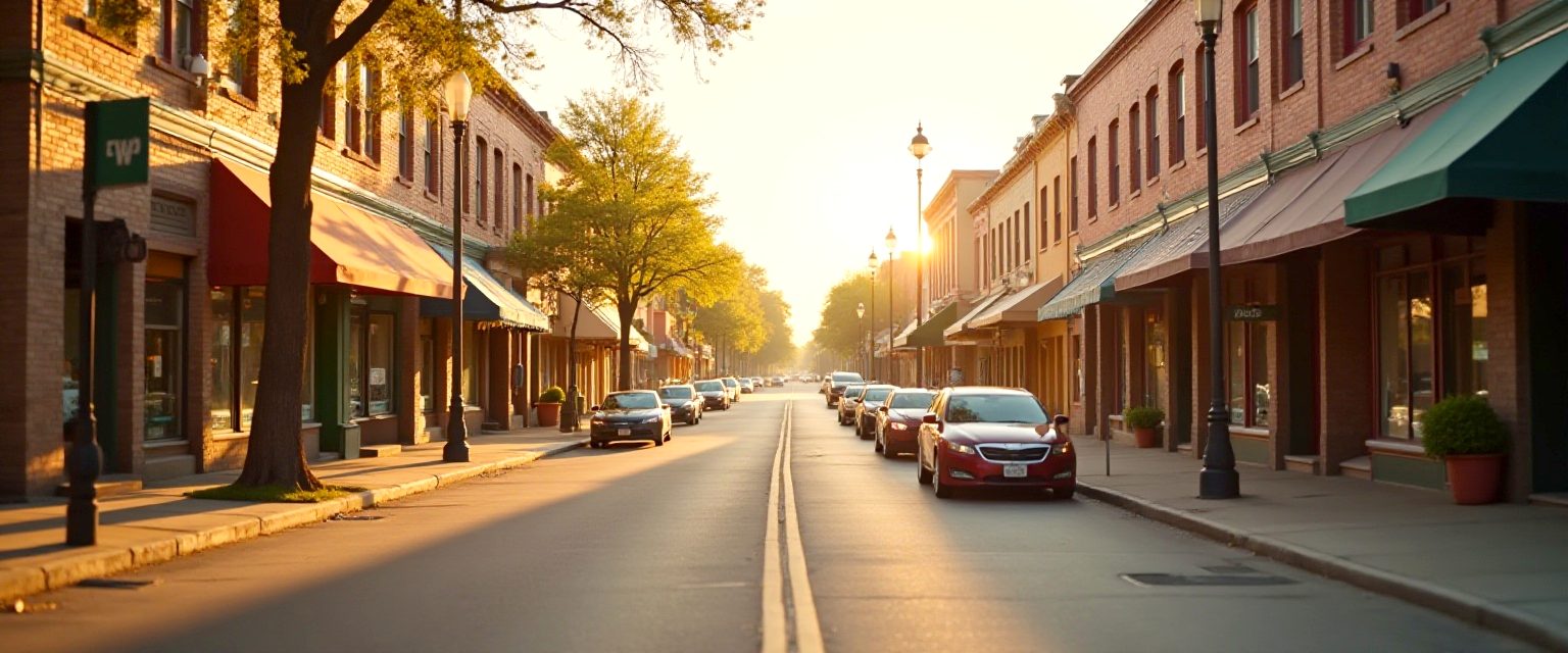 An East Texas main street at golden hour