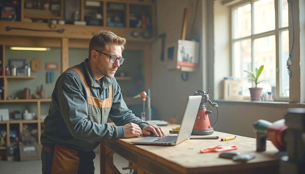 A small business owner looking at their new website on a laptop