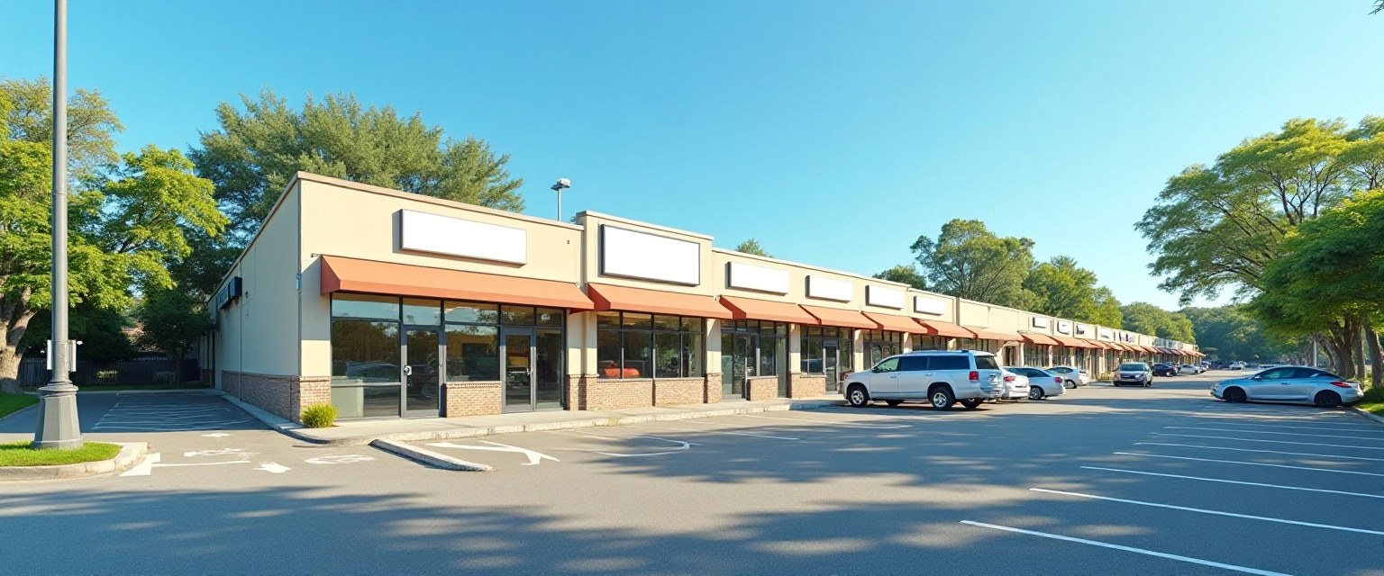 illustration of a suburban commercial strip with signage in more than one language