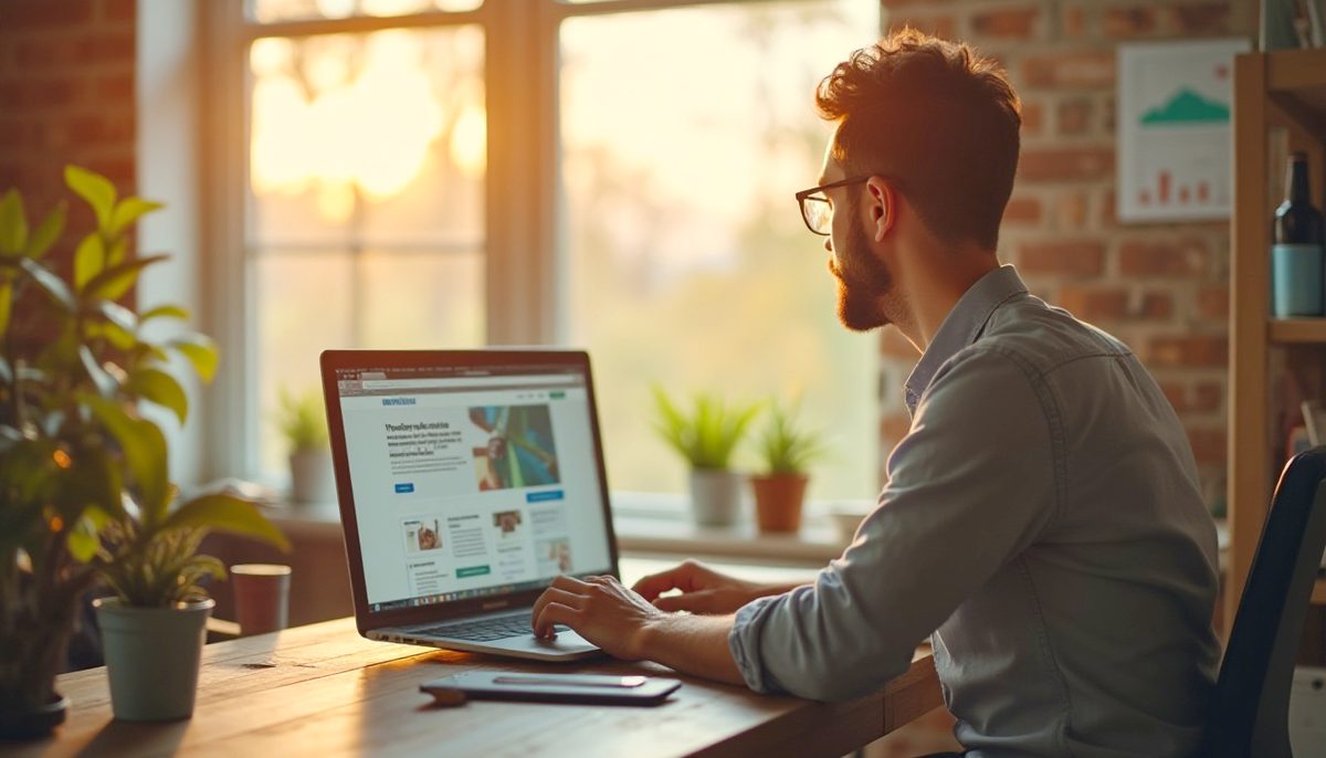 A small business owner looking at their new website on a laptop