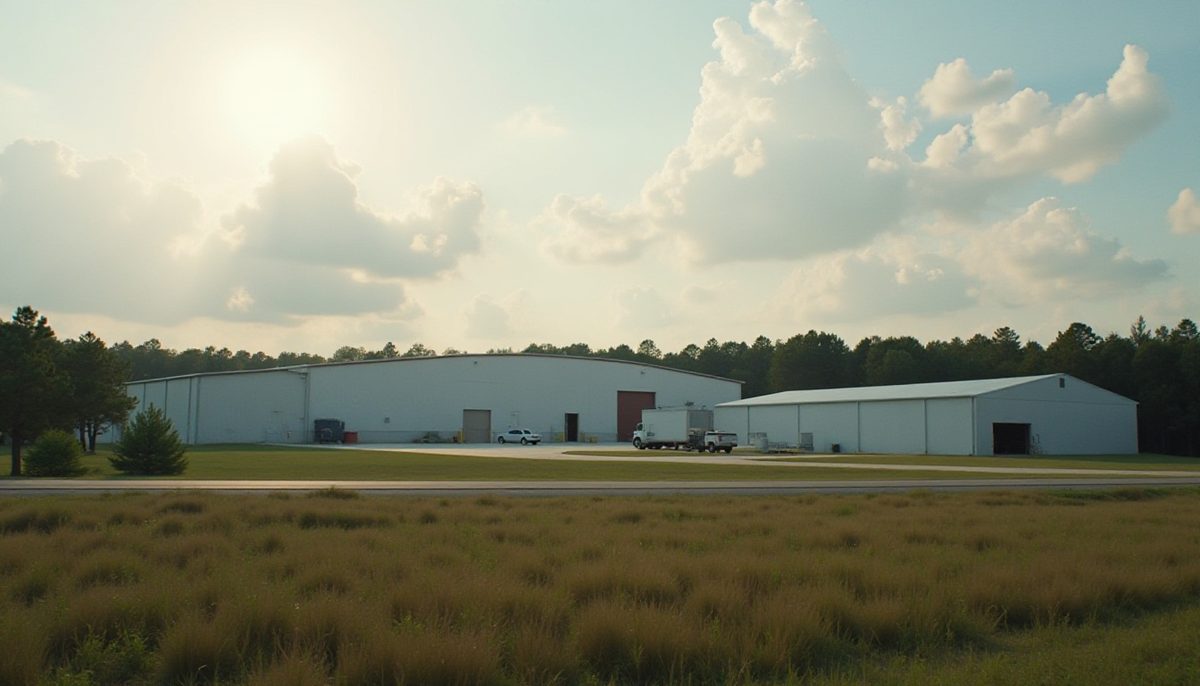 Light industrial and service buildings against an East Texas pine treeline