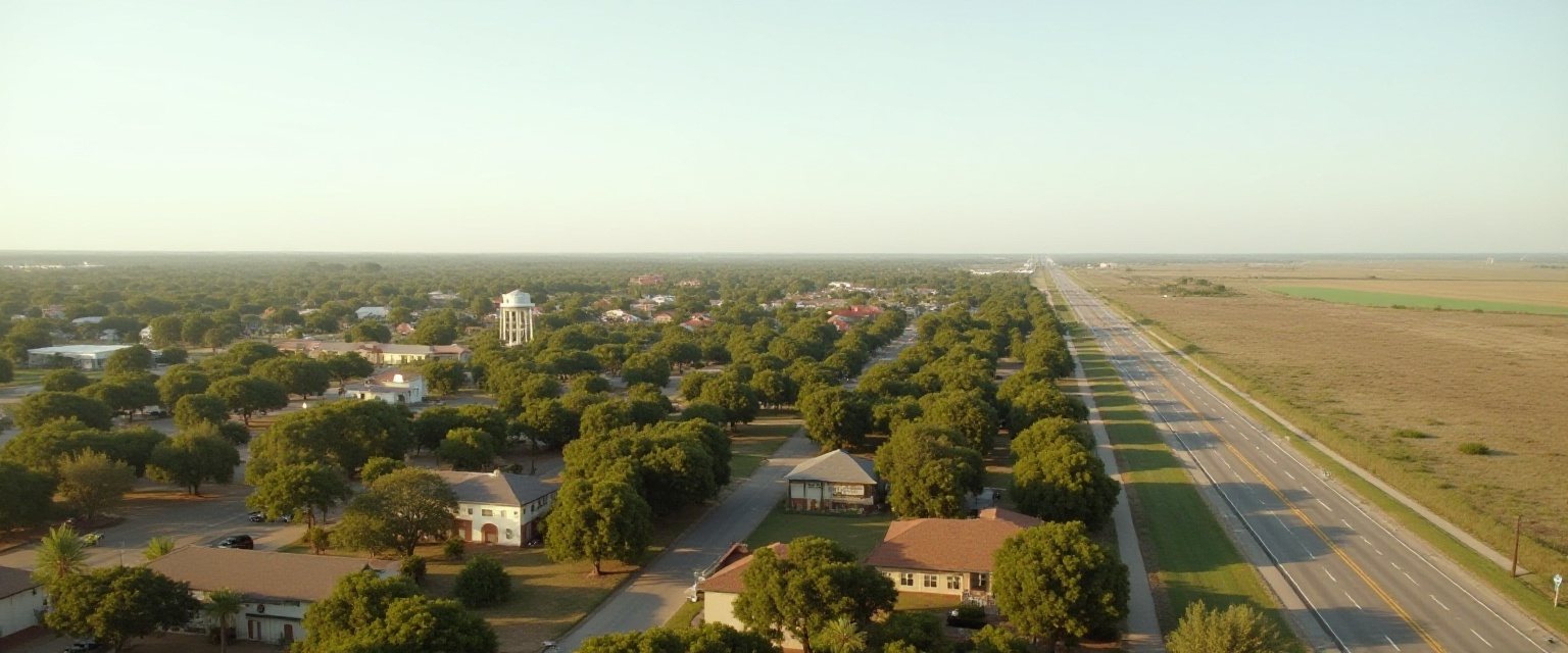 An illustration of a growing suburban town beside a highway on a clear day