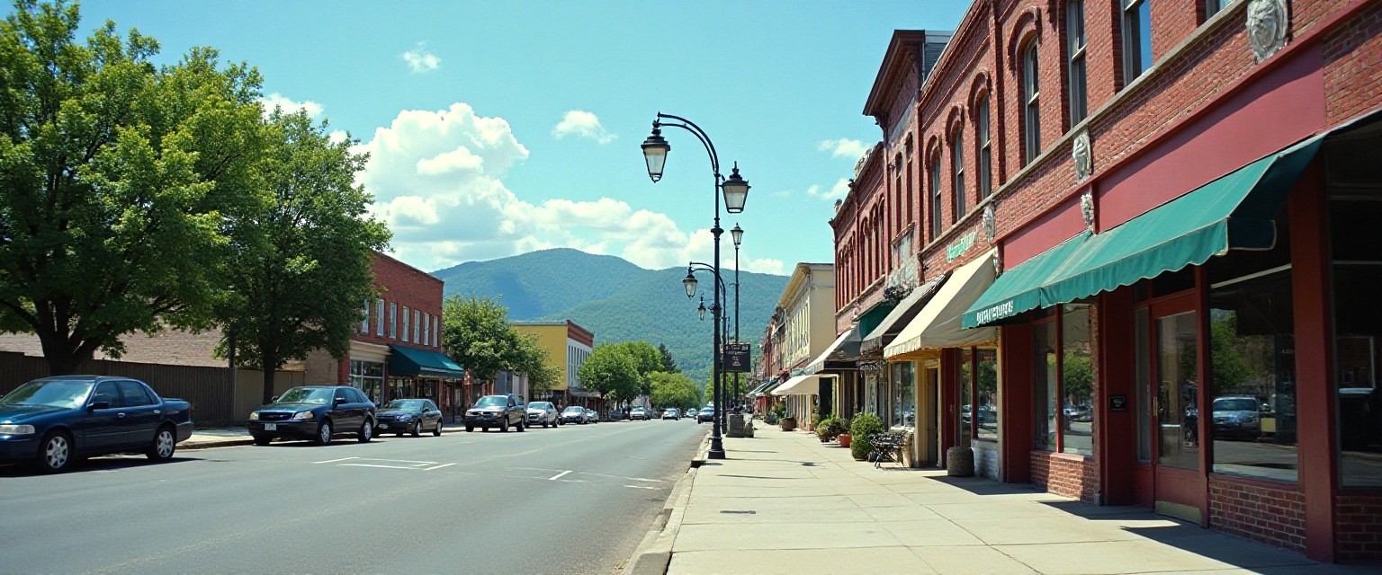 illustration of a suburban main street with independent storefronts