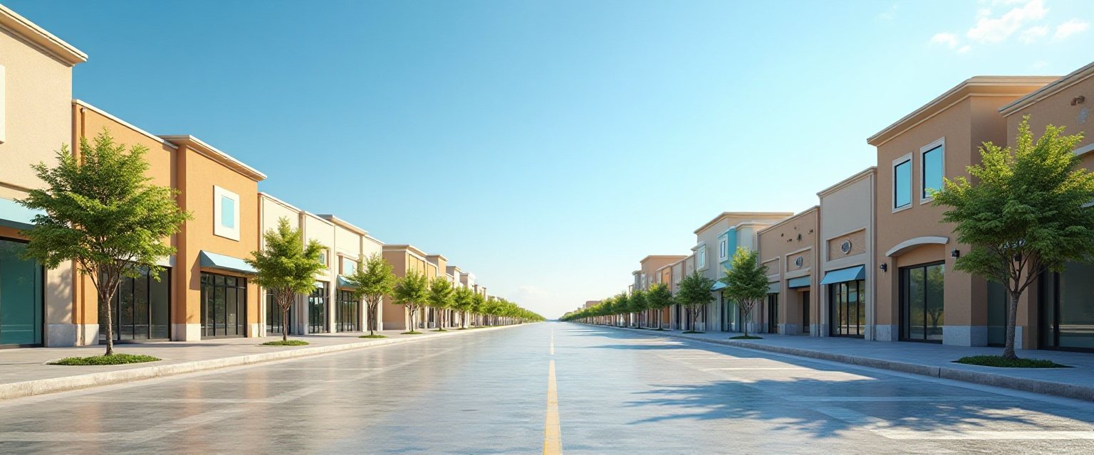 An illustration of a newly built commercial street under a bright sky