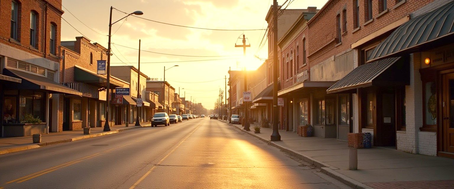 An East Texas main street at golden hour