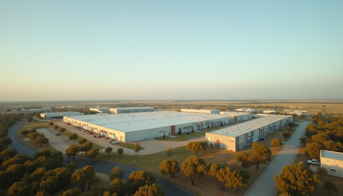 Light industrial buildings and pine treeline in East Texas