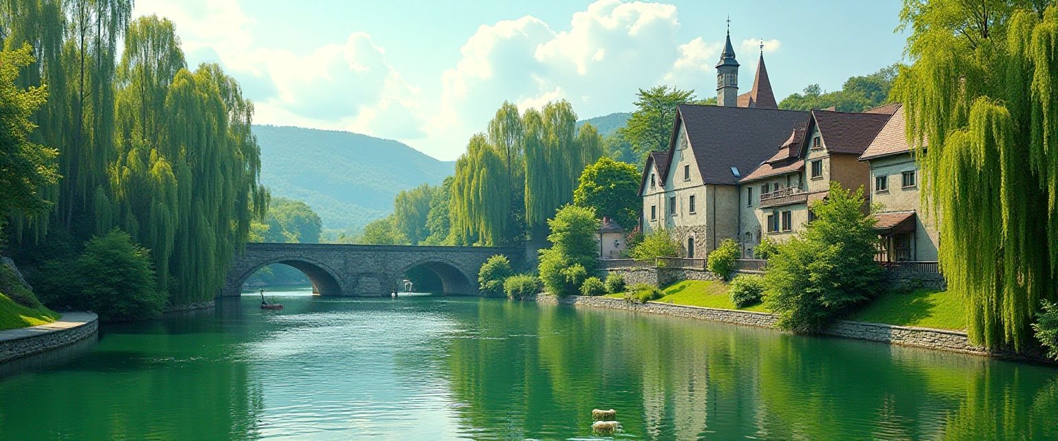 An illustration of a river running past a historic town on a summer day