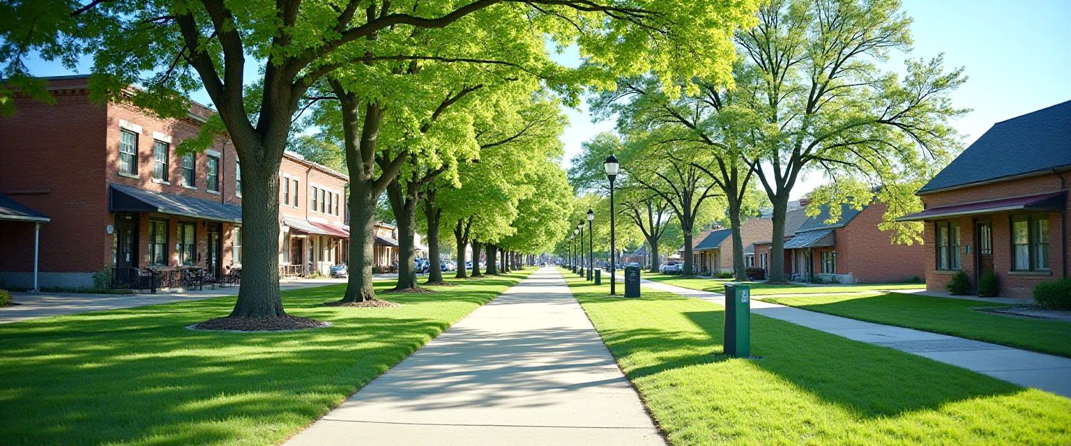 An illustration of a suburban main street with trees on a clear day