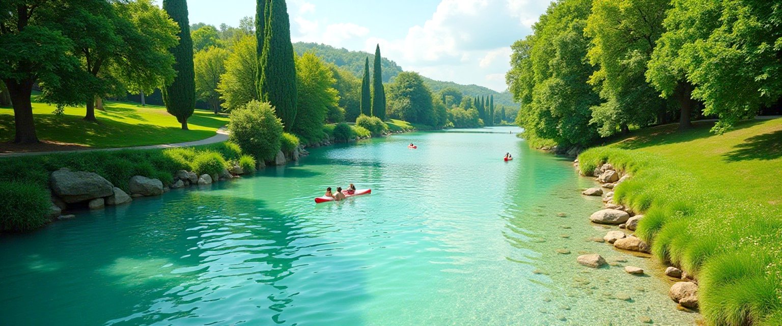 An illustration of a clear spring-fed river running through a town park