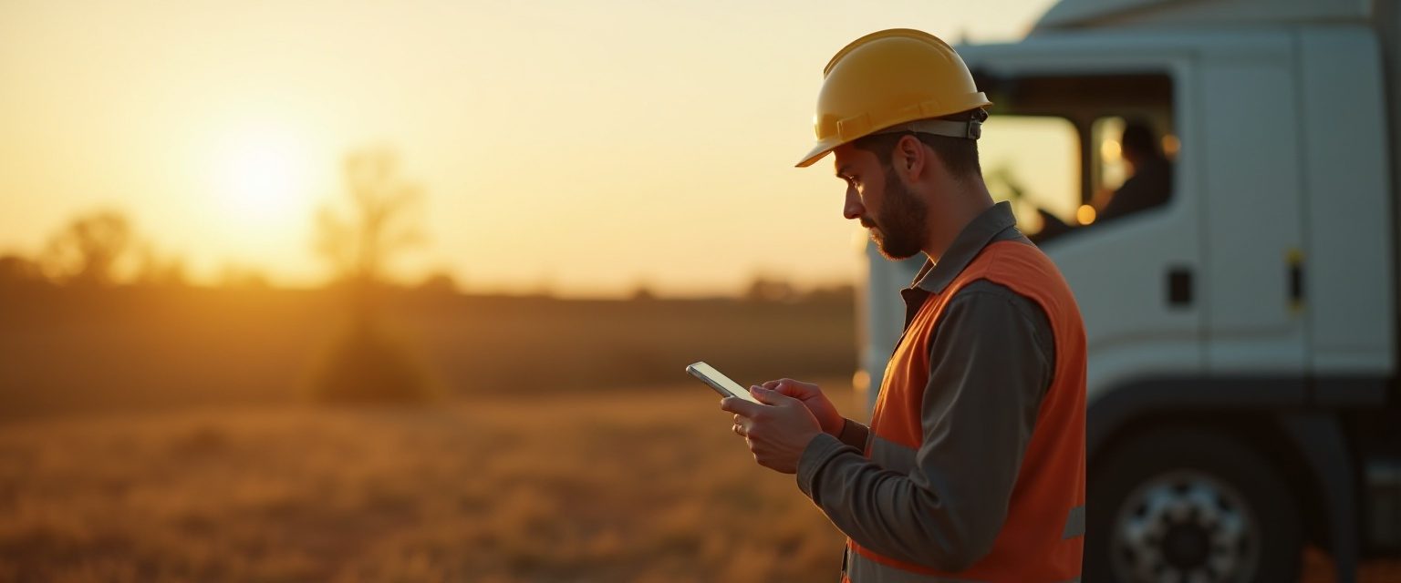 Contractor checking a phone on a job site at the end of the day