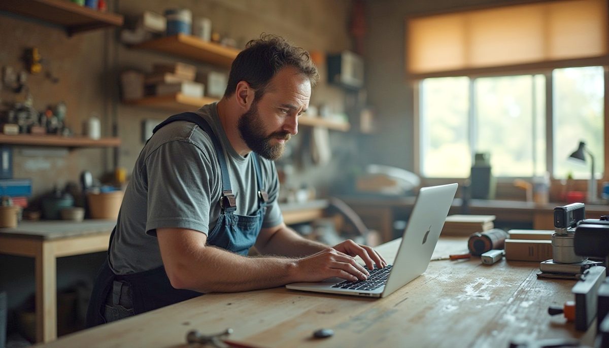 Contractor reviewing their new website on a laptop in a workshop